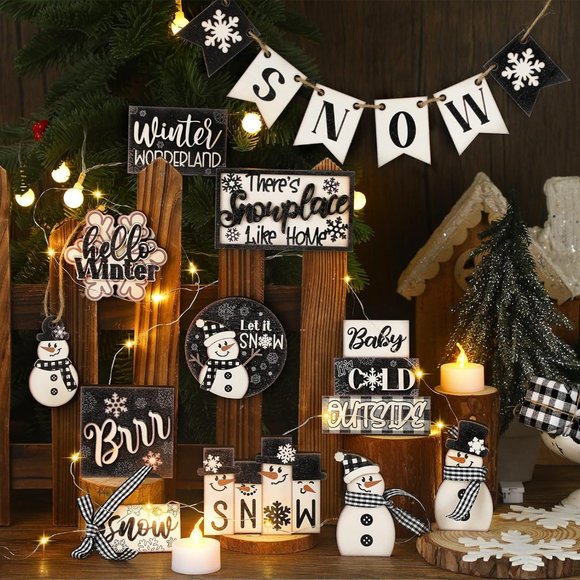 24 Pcs Black White Distressed Style Set Let It Snow Snowflake Wooden Tray Decor - Picture 2 of 7